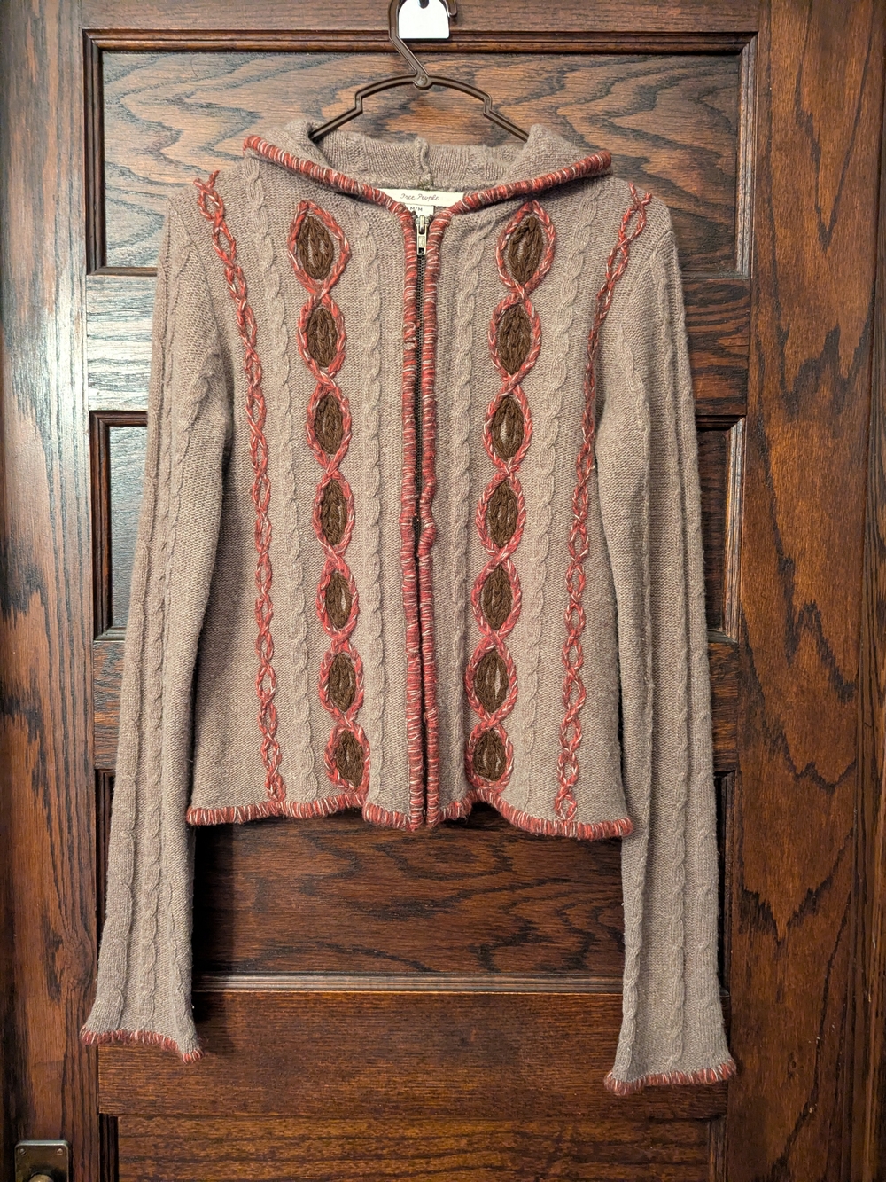 NEW! Free People Vintage 90s Brown Zip Cable-Knit Cardigan with Embroidered
